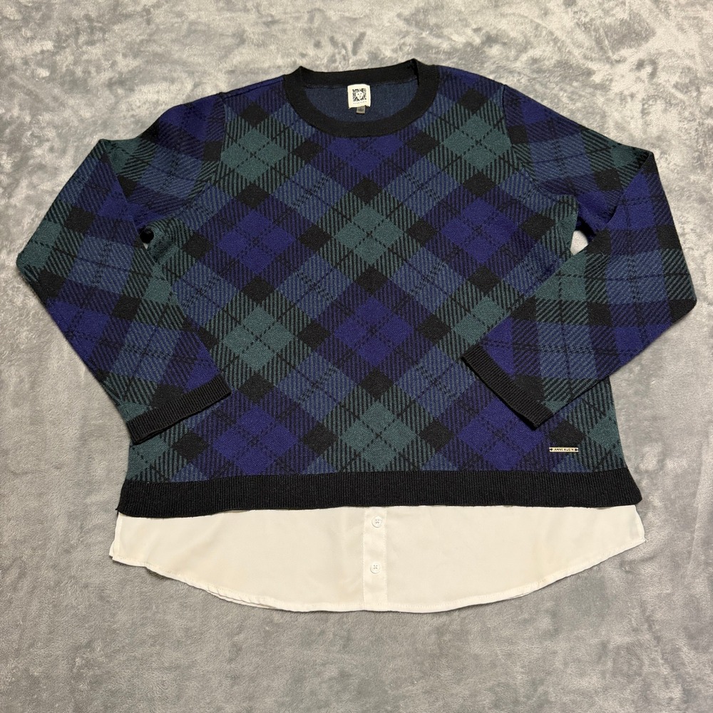 Anne Klein Women Blue Green Argyle Mixed Media Sweater White Shirt Hem Large